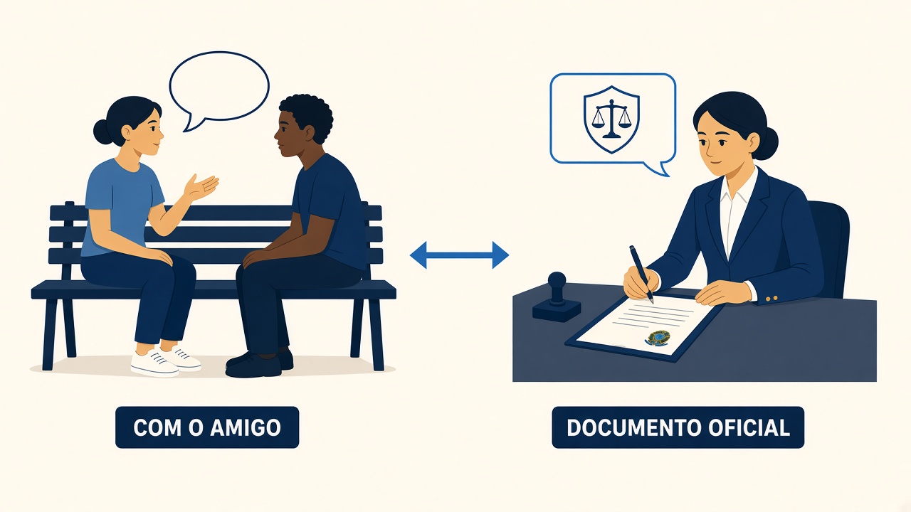 A mesma pessoa fala com o amigo e escreve um documento oficial de jeitos diferentes.
