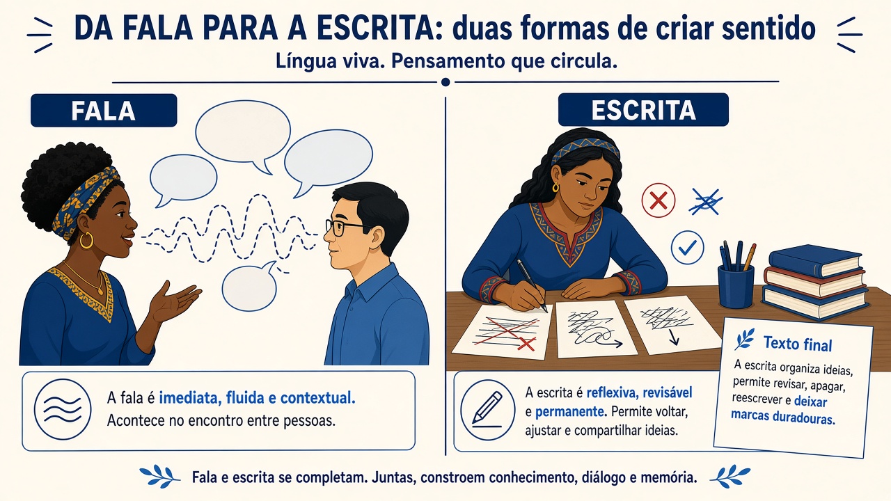 Na fala a gente pensa enquanto fala; na escrita pensa, escreve e revisa.