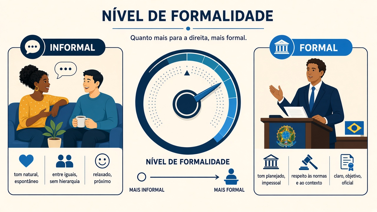 Botão de volume da formalidade: informal com amigos, formal em situações oficiais.