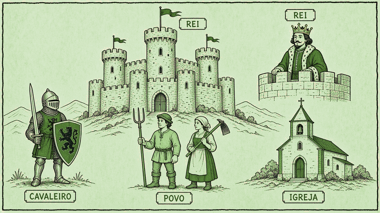 Castelo medieval com rei, cavaleiro, povo e igreja