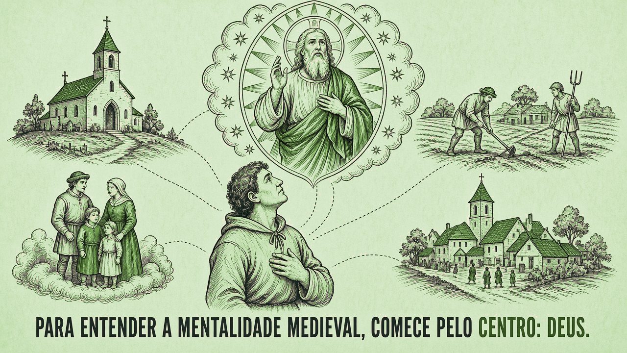 Pessoa medieval olhando para Deus, com igreja, família e trabalho ao redor