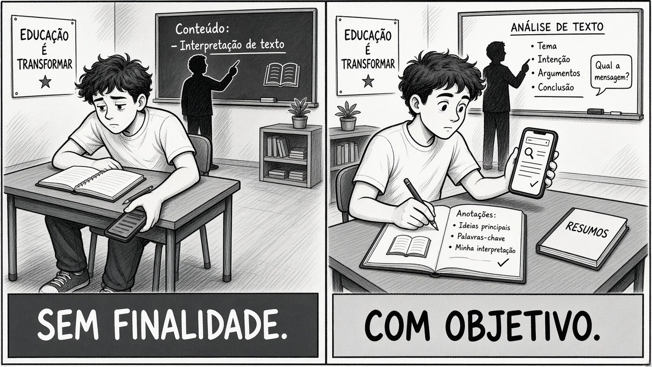 Charge em dois quadros: celular sem finalidade e celular com objetivo pedagógico