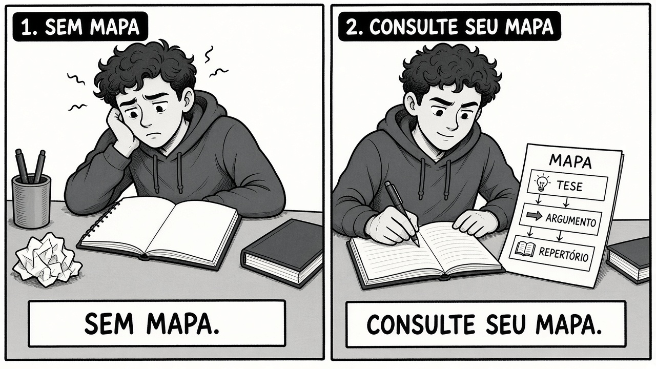 Charge em dois quadros: aluno sem mapa e aluno consultando o mapa antes de escrever