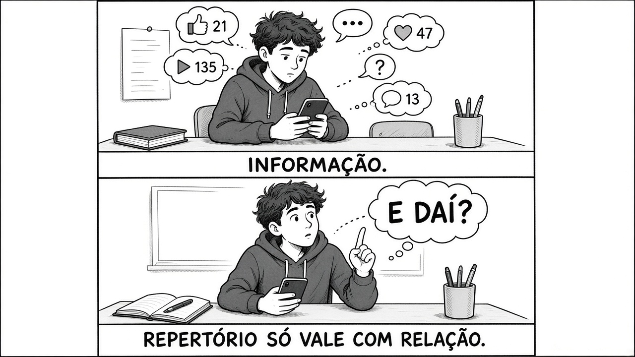 Charge em dois quadros: informação solta na rede e o aluno perguntando e daí?